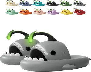 Angler Fish Shark Slides, Lantern Fish Sharky Slippers, Glow in the Dark Shark Slides, Non-Slip Open Toe Thick Sole Beach Pool Shower Shoes Bathroom Sandals (Gray,12-13 Women/10-11 Men)