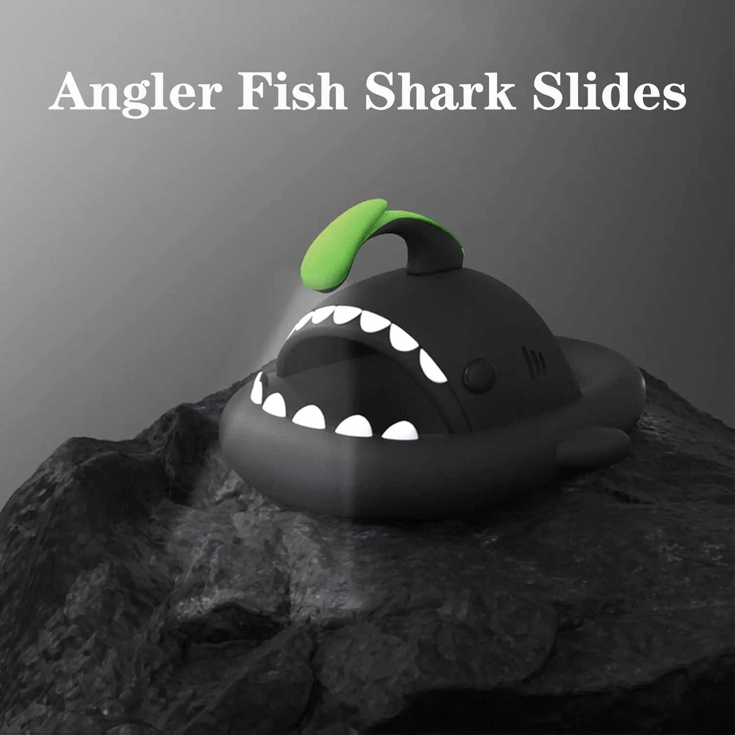 Angler Fish Shark Slides, Lantern Fish Sharky Slippers, Glow in the Dark Shark Slides, Non-Slip Open Toe Thick Sole Beach Pool Shower Shoes Bathroom Sandals (Gray,12-13 Women/10-11 Men)