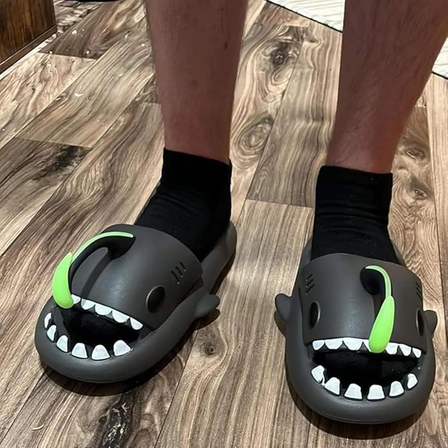 Angler Fish Shark Slides, Lantern Fish Sharky Slippers, Glow in the Dark Shark Slides, Non-Slip Open Toe Thick Sole Beach Pool Shower Shoes Bathroom Sandals (Gray,12-13 Women/10-11 Men)