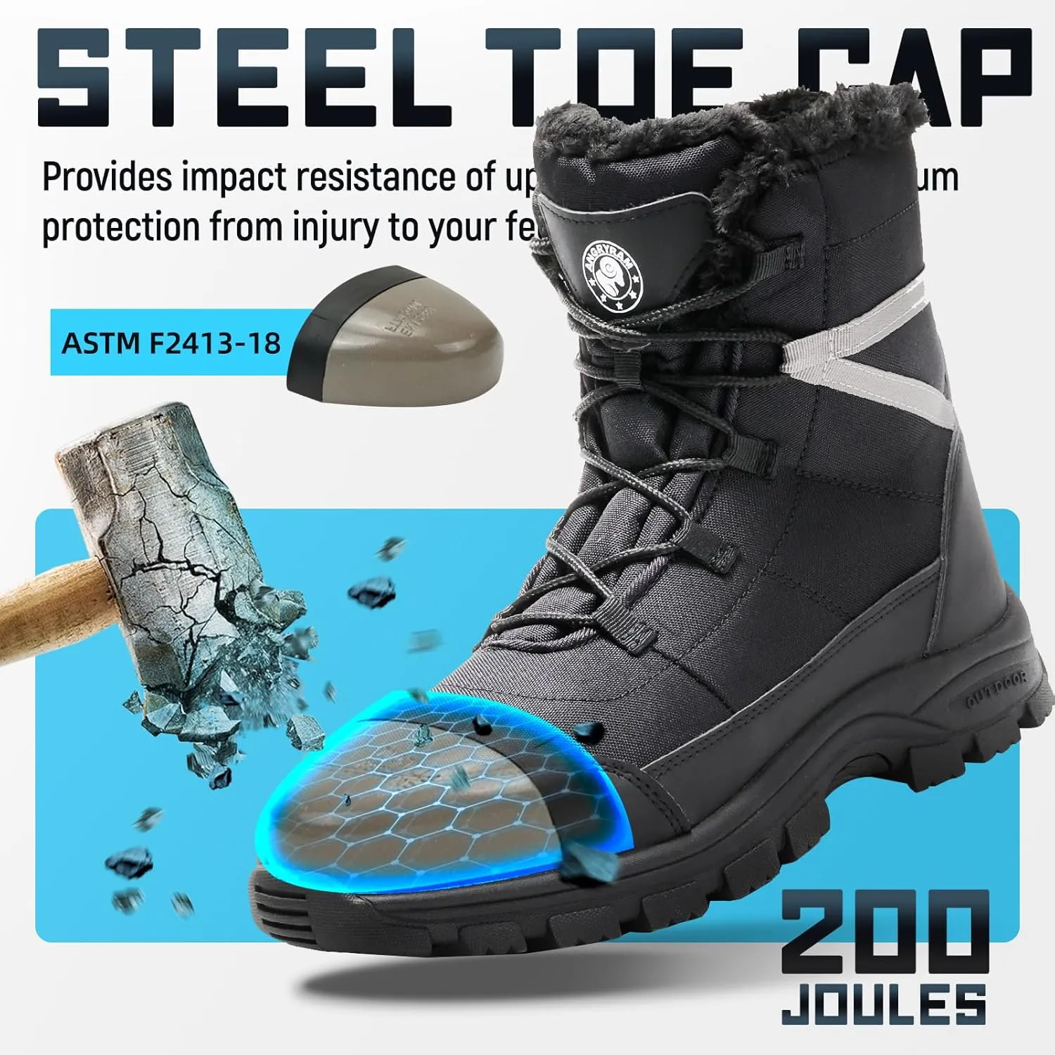 ANGRYRAM Winter Steel Toe Boots for Men - 9-Inch High Top Warm Comfortable Safety Boots with Puncture Proof, Non Slip, Indestructible Construction