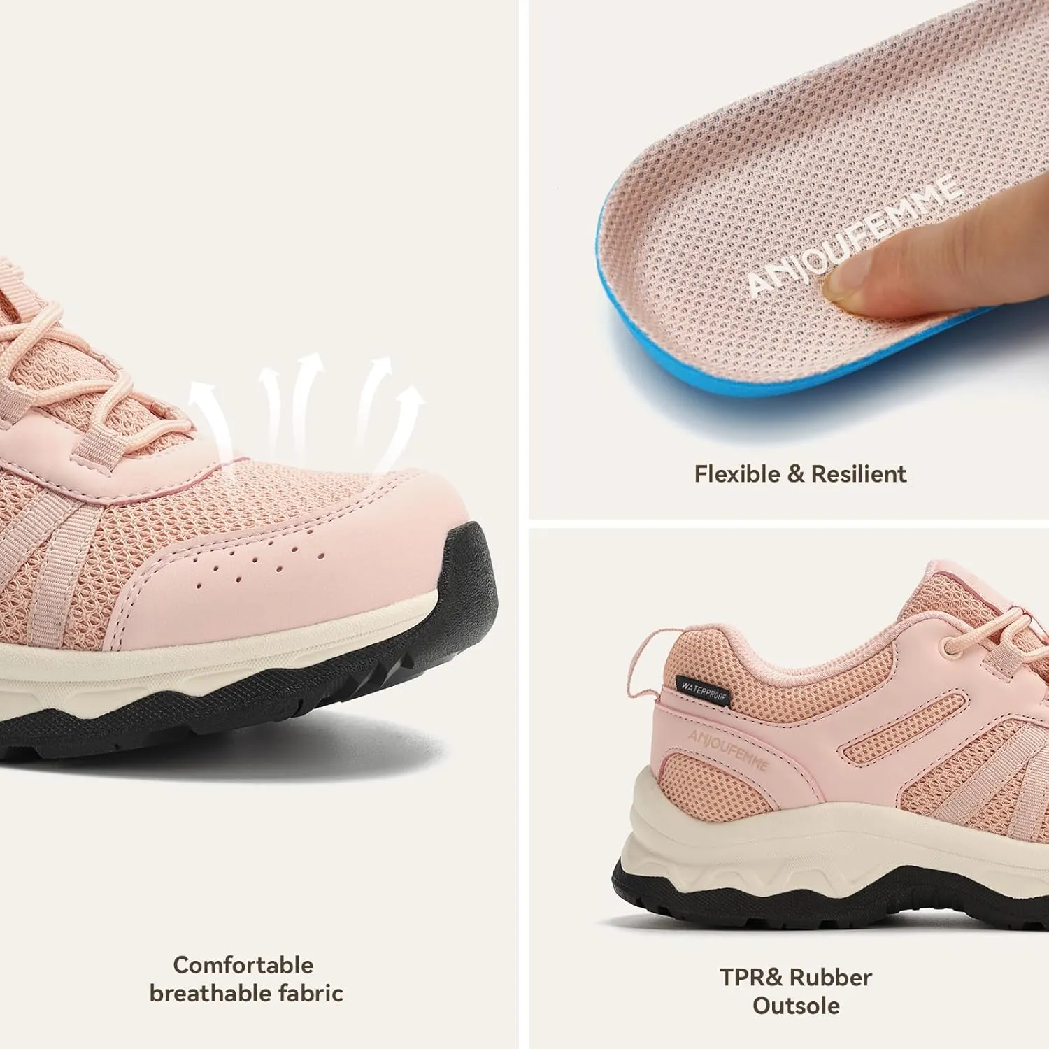 ANJOUFEMME Women's Waterproof Hiking Shoes Non Slip Sneakers Lightweight Tennis Shoes for Work Walking Running Trekking Trail Shoes