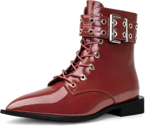 Ankle Boots for Women Eyelet Buckle Boots Pointed Toe Chunky Low Heel Boots Fashion Dress Short Boots with Zips