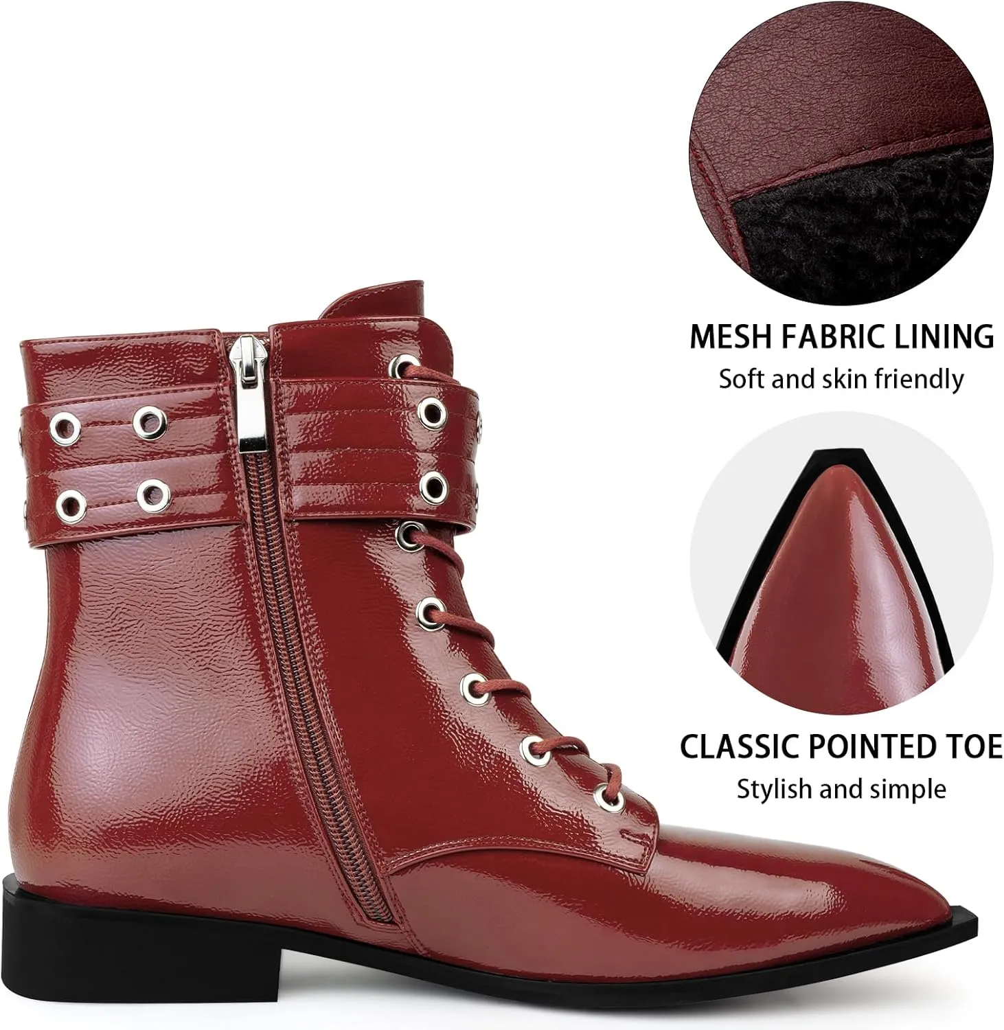 Ankle Boots for Women Eyelet Buckle Boots Pointed Toe Chunky Low Heel Boots Fashion Dress Short Boots with Zips