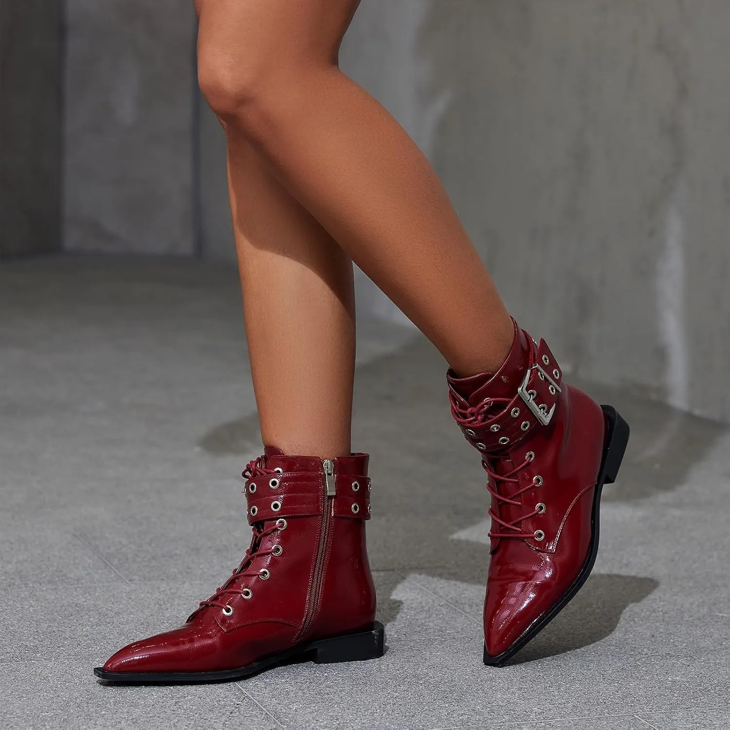 Ankle Boots for Women Eyelet Buckle Boots Pointed Toe Chunky Low Heel Boots Fashion Dress Short Boots with Zips