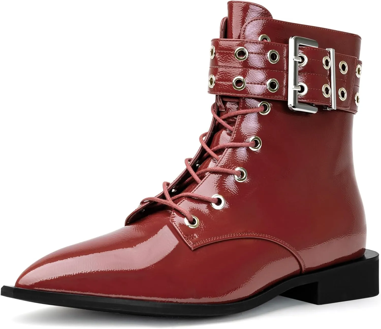 Ankle Boots for Women Eyelet Buckle Boots Pointed Toe Chunky Low Heel Boots Fashion Dress Short Boots with Zips