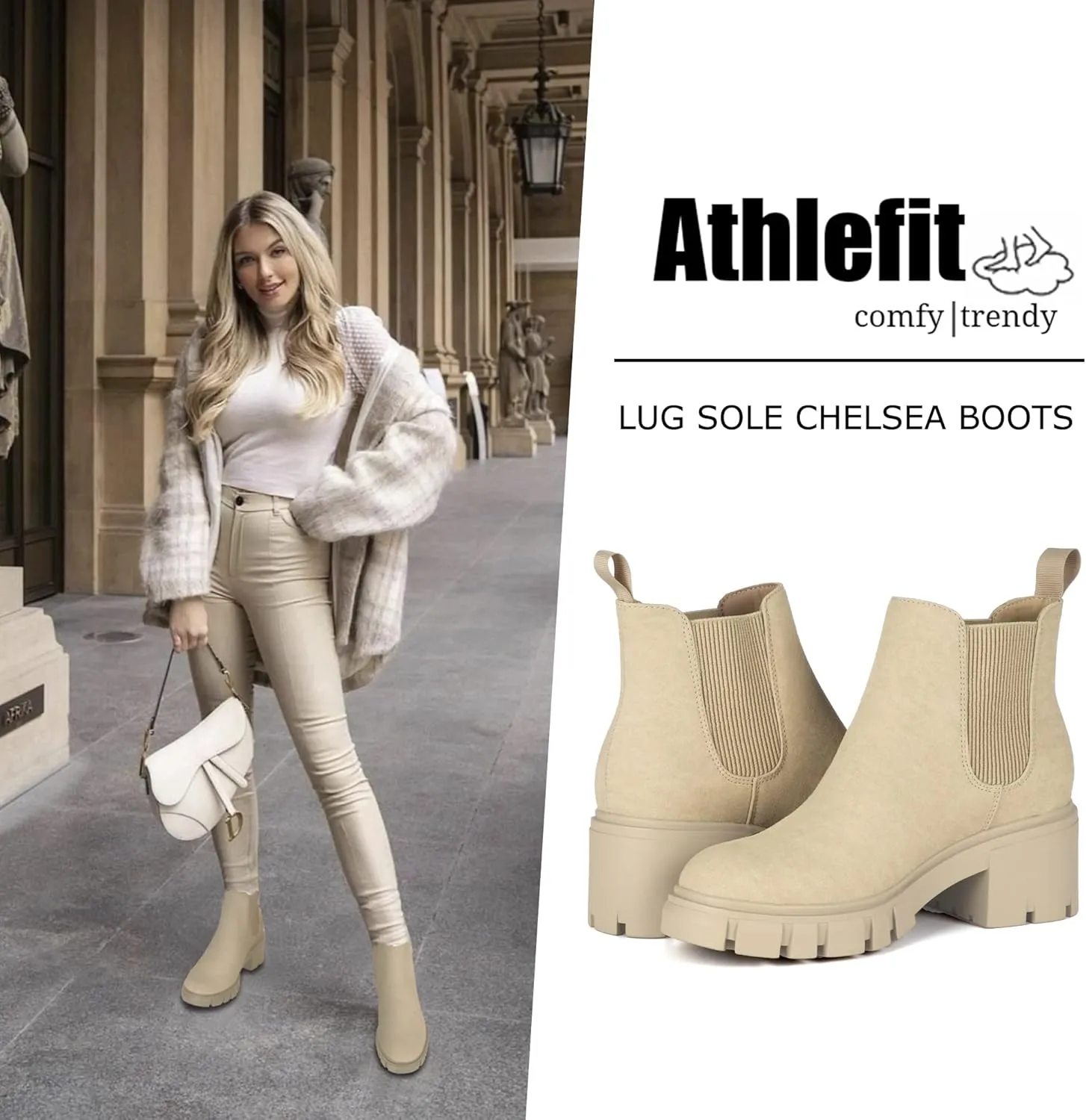 Athlefit Women's Chelsea Boots Fashion Lug Sole Chunky Heel Slip on Elastic Ankle Booties