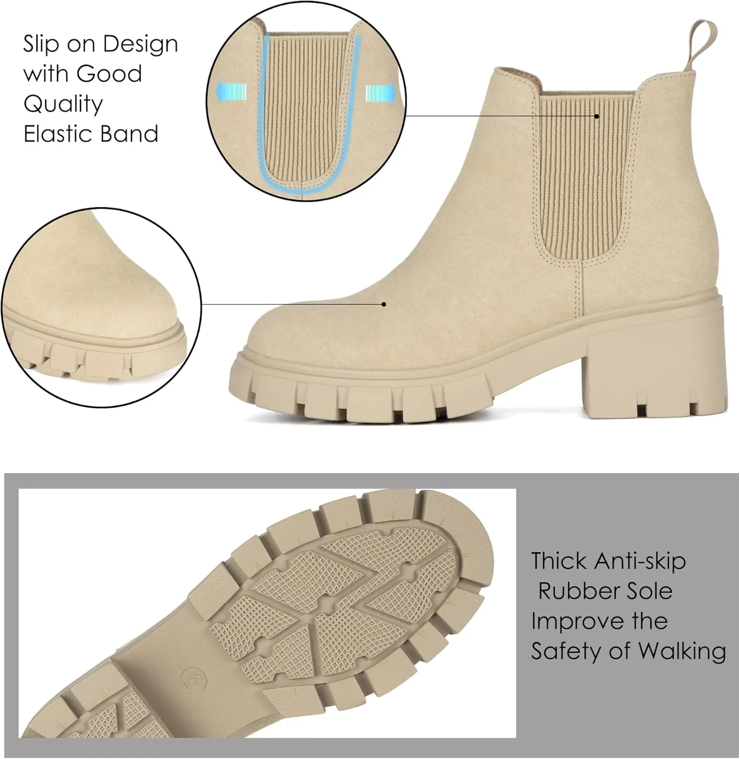 Athlefit Women's Chelsea Boots Fashion Lug Sole Chunky Heel Slip on Elastic Ankle Booties
