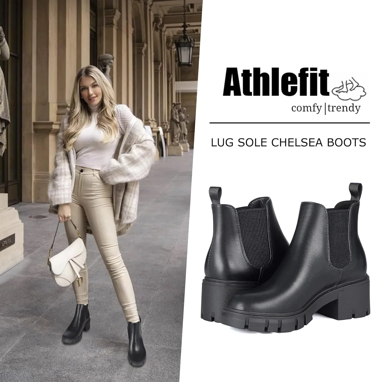 Athlefit Women's Chelsea Boots Fashion Lug Sole Chunky Heel Slip on Elastic Ankle Booties