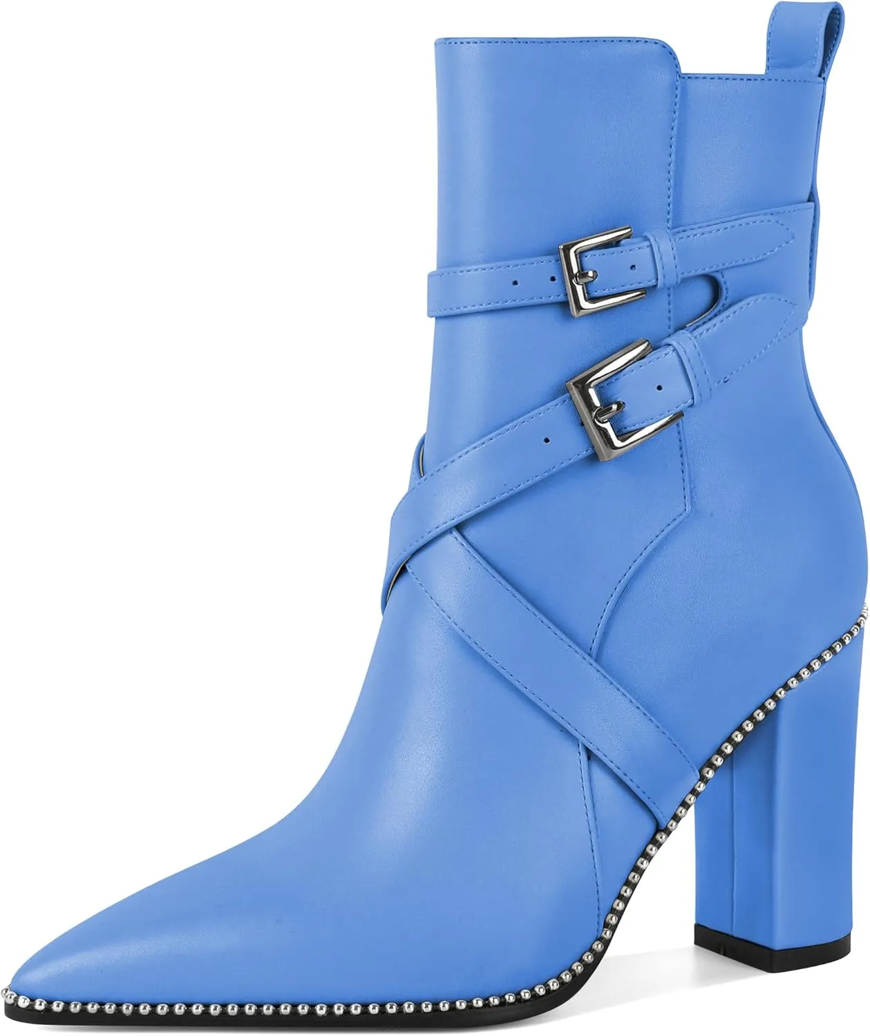 AUMOTED Womens Pointed Toe Beaded Chunky Ankle Boots Side Zipper 3.5 Inches High Heel Western Boots