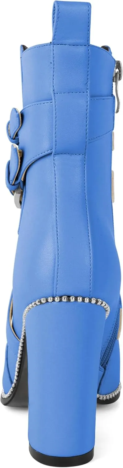 AUMOTED Womens Pointed Toe Beaded Chunky Ankle Boots Side Zipper 3.5 Inches High Heel Western Boots