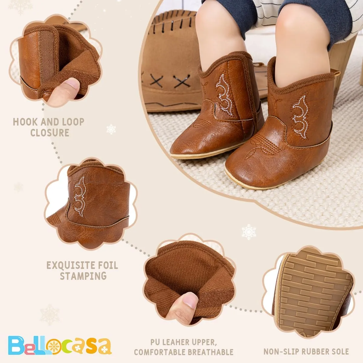 Baby Western Cowboy Boots Infant Boys Girls Non-Slip Soft Sole Booties Toddler Newborn First Walker Crib Shoes