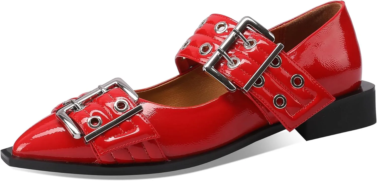 Ballerina Flats for Women Pointed Toe Flats With Studs Buckle Ballet Flats Comfortable low heeled flats
