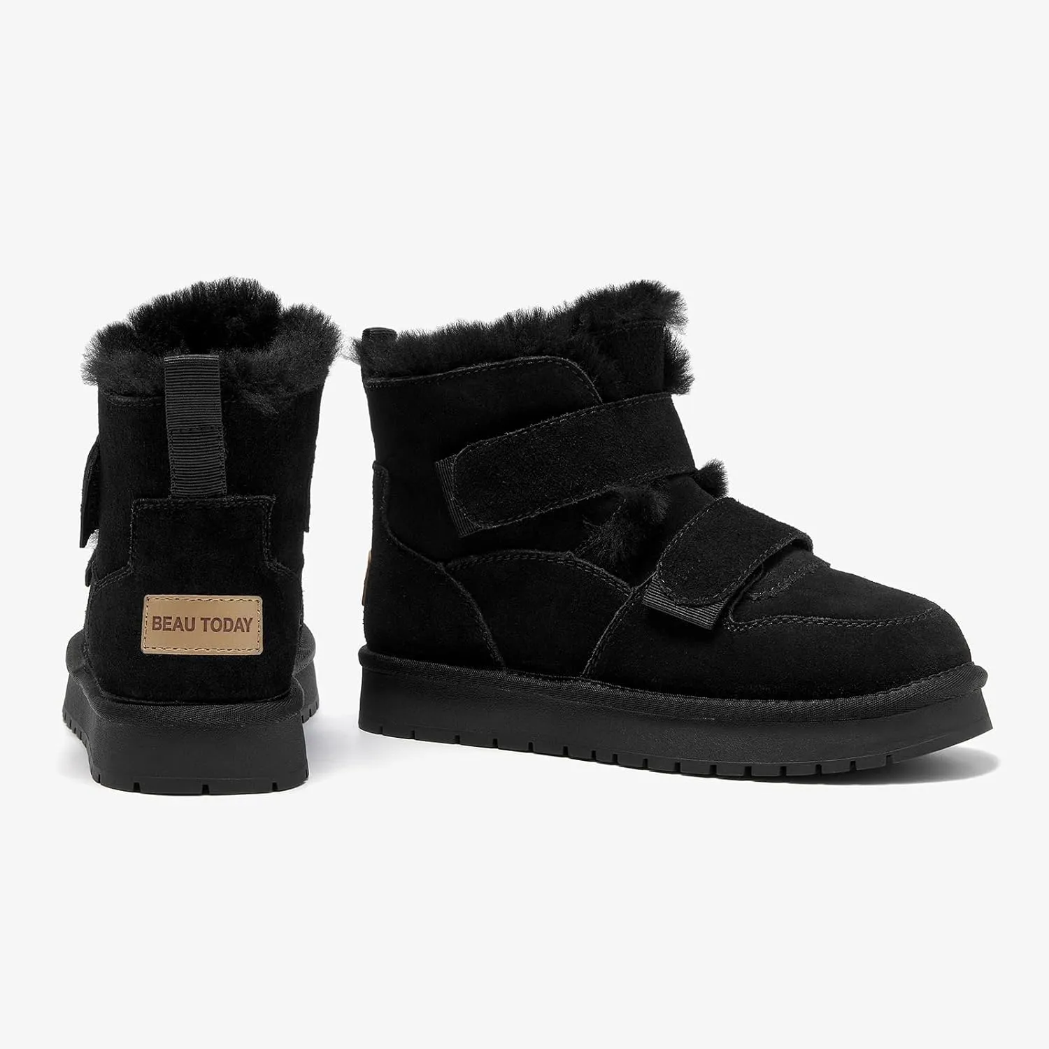 BEAU TODAY Women's Snow Boots, Platform Winter Mini Boots for Women, Genuine Suede Warm Faux Fur Lined Slip-0n Ankle Boots Comfortable Anti-slip Outdoor Short Booties