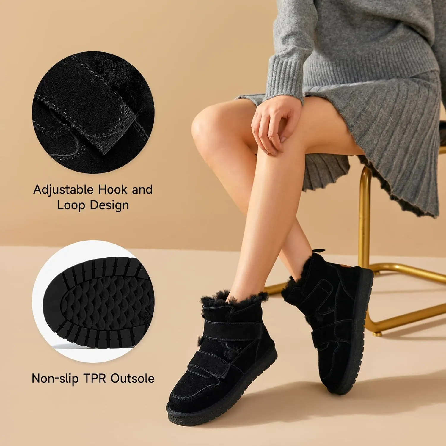 BEAU TODAY Women's Snow Boots, Platform Winter Mini Boots for Women, Genuine Suede Warm Faux Fur Lined Slip-0n Ankle Boots Comfortable Anti-slip Outdoor Short Booties
