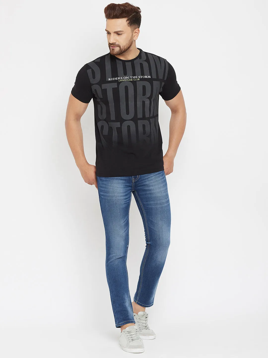 Black Printed Round Neck T-Shirt