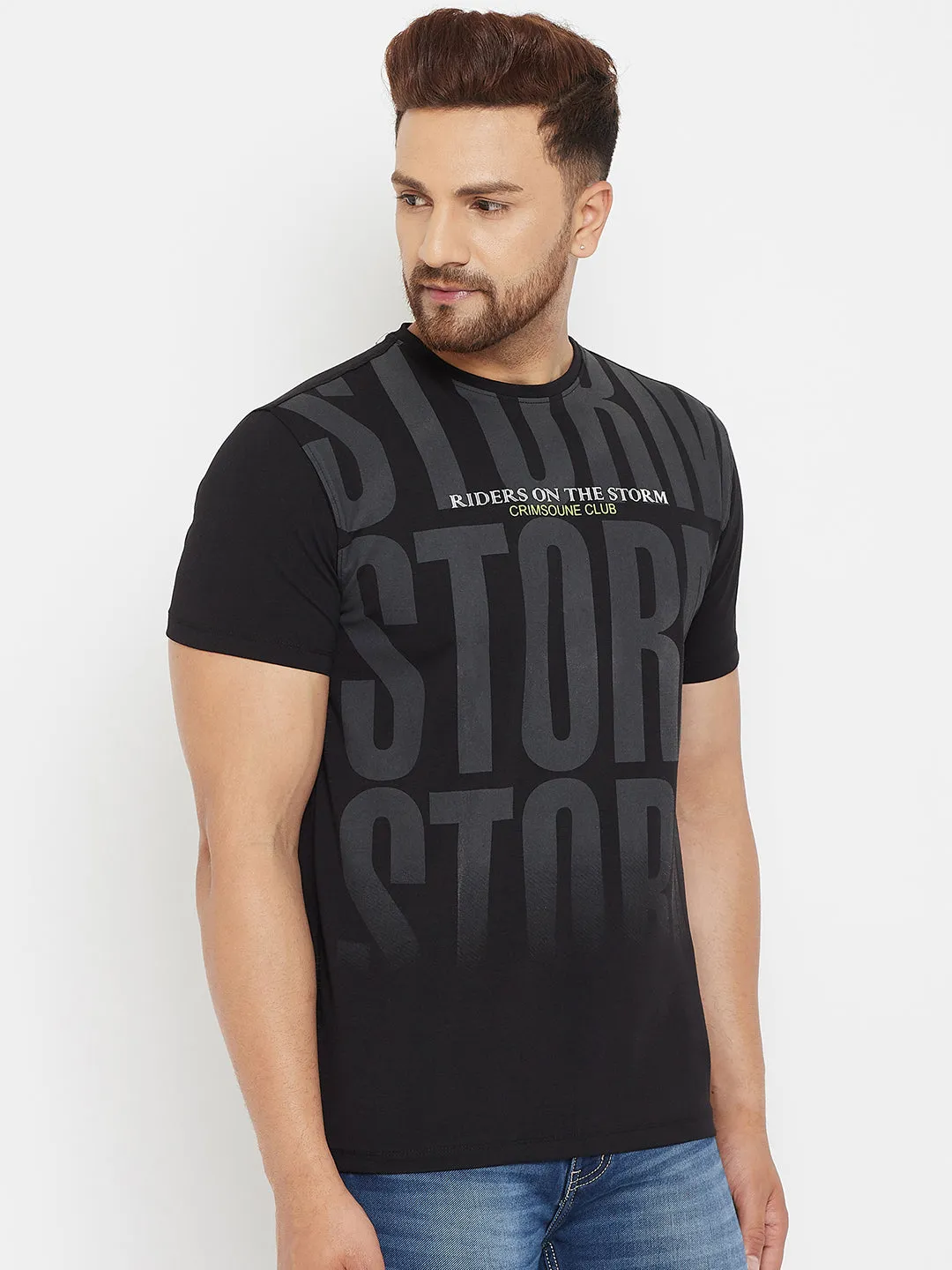 Black Printed Round Neck T-Shirt