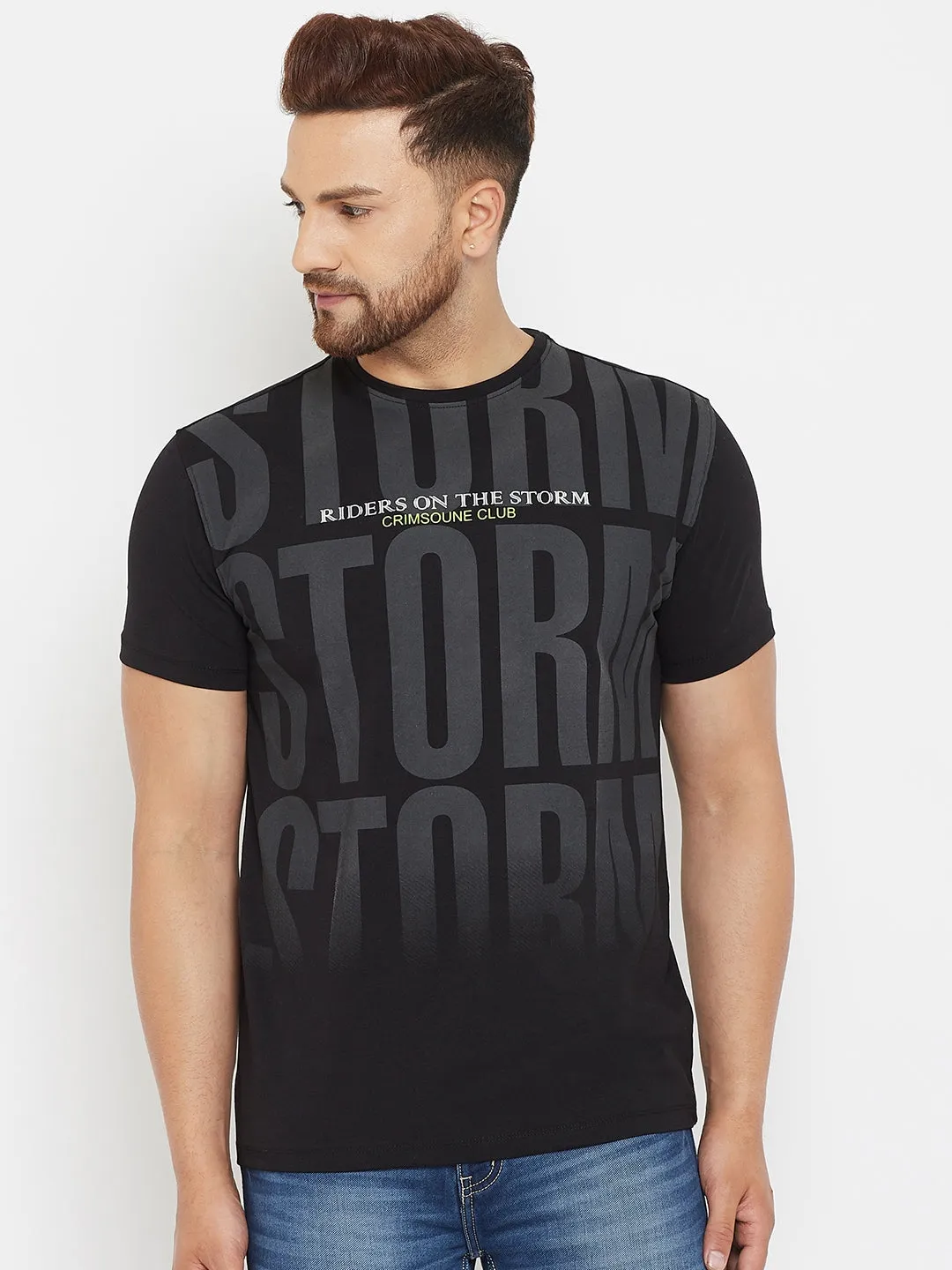 Black Printed Round Neck T-Shirt