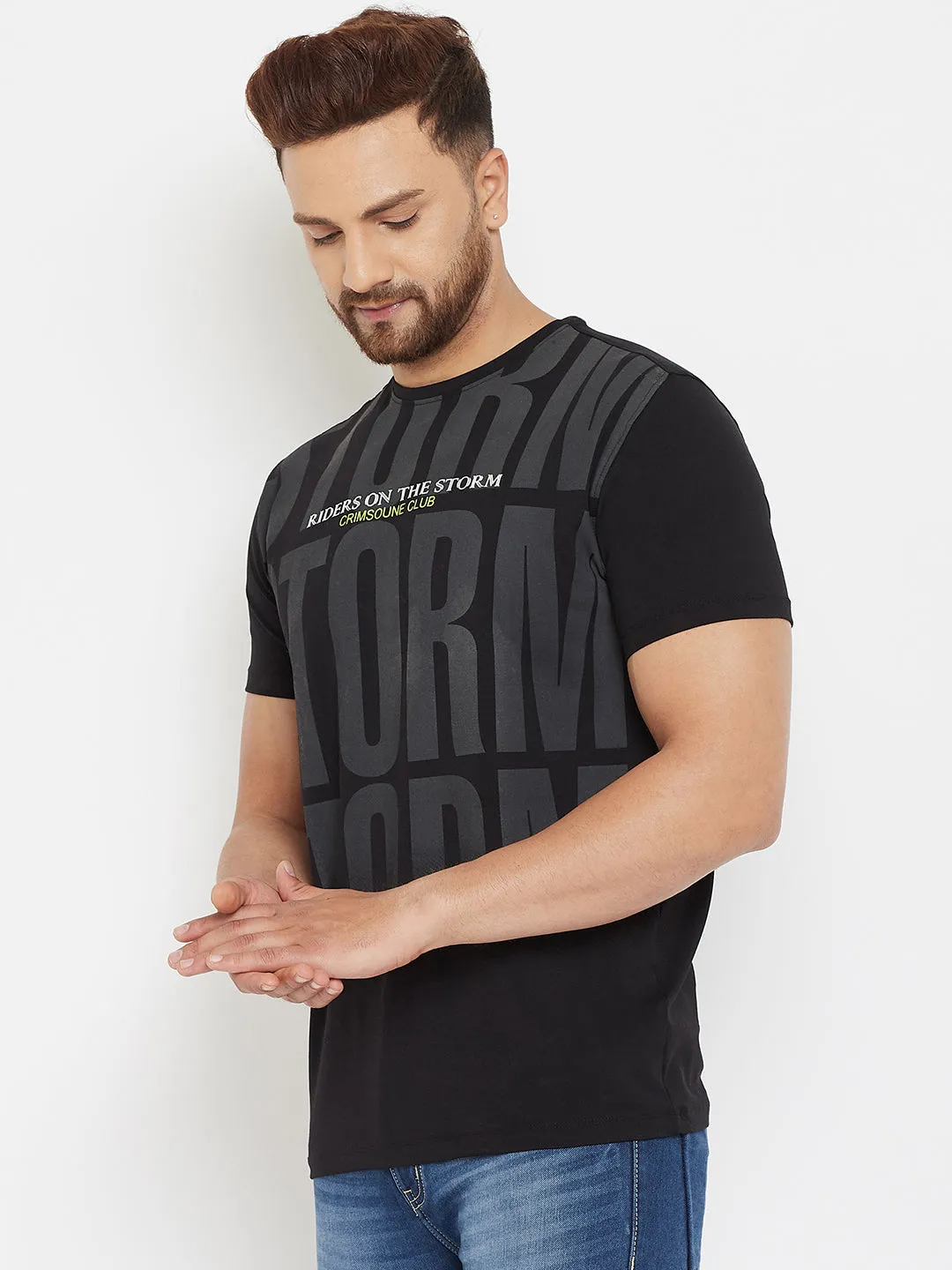 Black Printed Round Neck T-Shirt