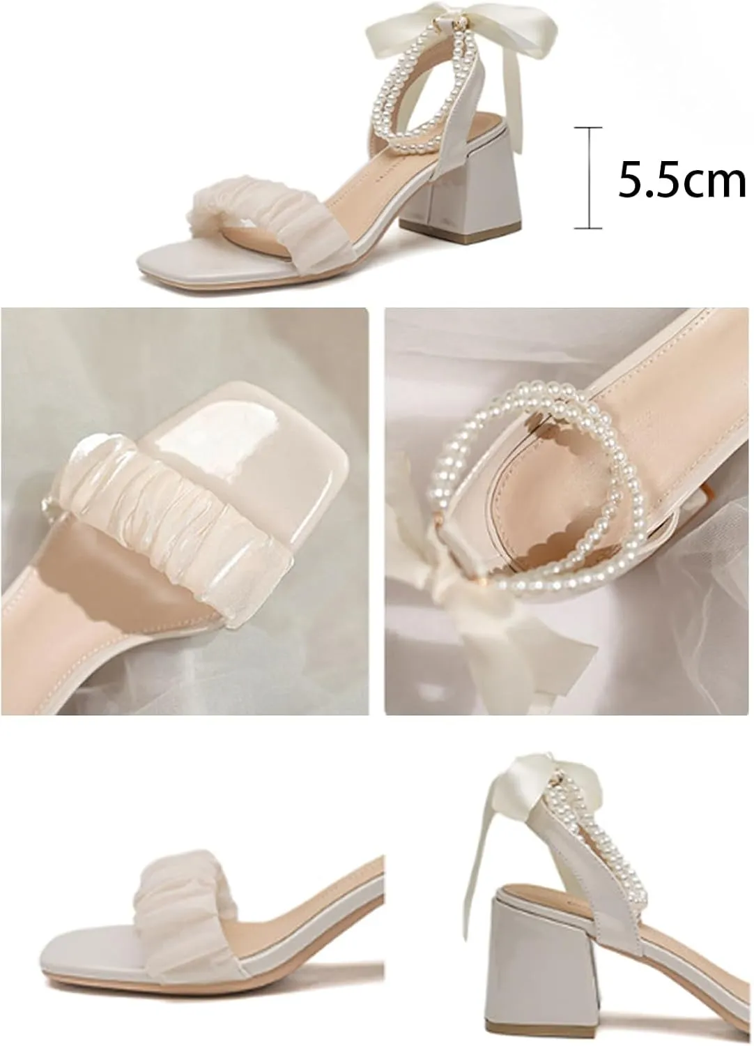 Block High Heels for Women Pearl Square Open Toe Heels Low Comfortable Sandals Suitable for Summer Weddings, Parties and Daily Wear