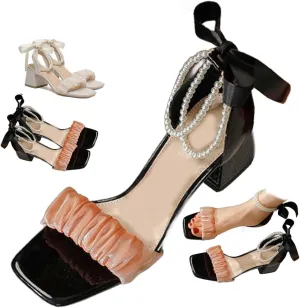 Block High Heels for Women Pearl Square Open Toe Heels Low Comfortable Sandals Suitable for Summer Weddings, Parties and Daily Wear