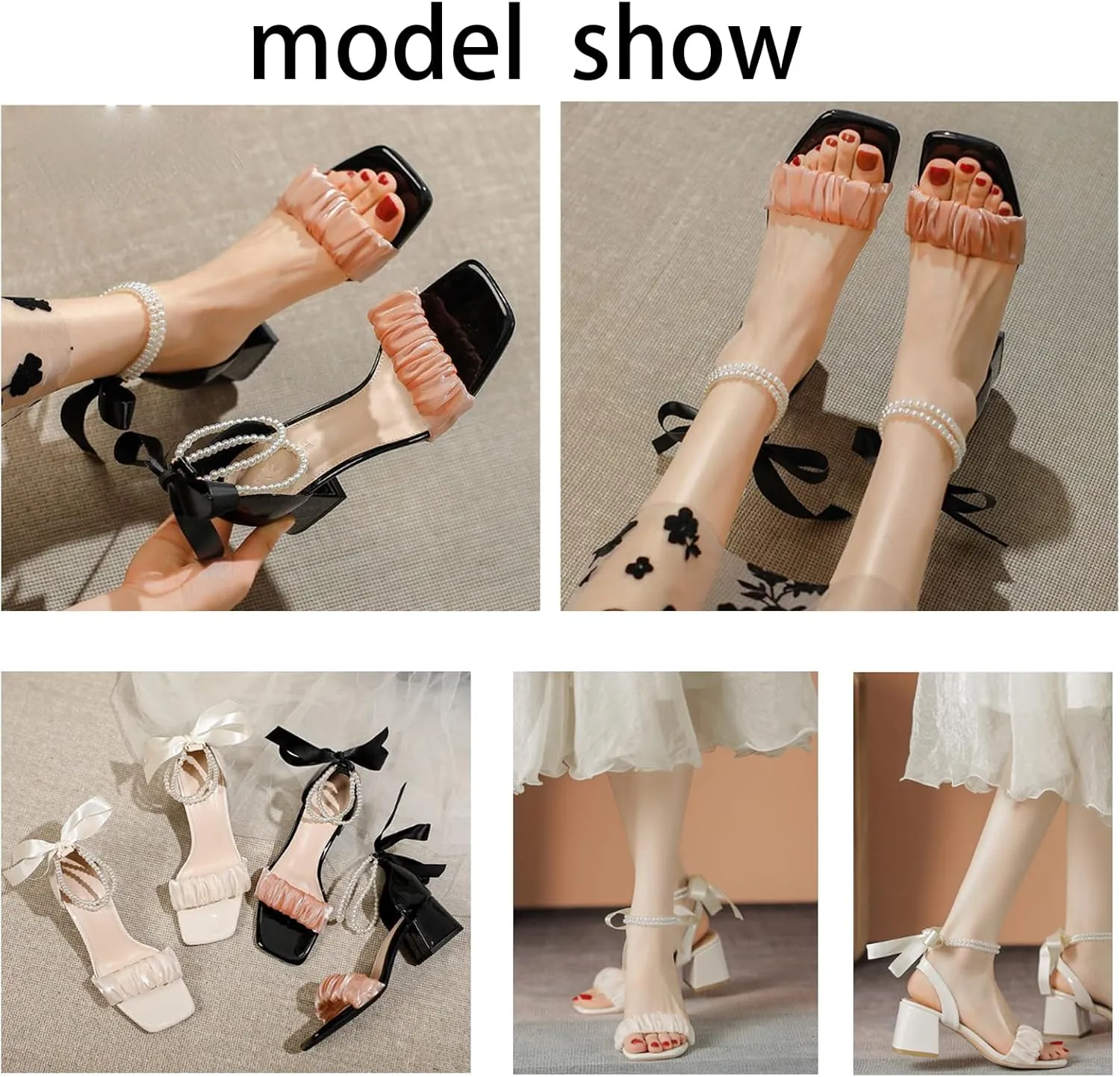 Block High Heels for Women Pearl Square Open Toe Heels Low Comfortable Sandals Suitable for Summer Weddings, Parties and Daily Wear