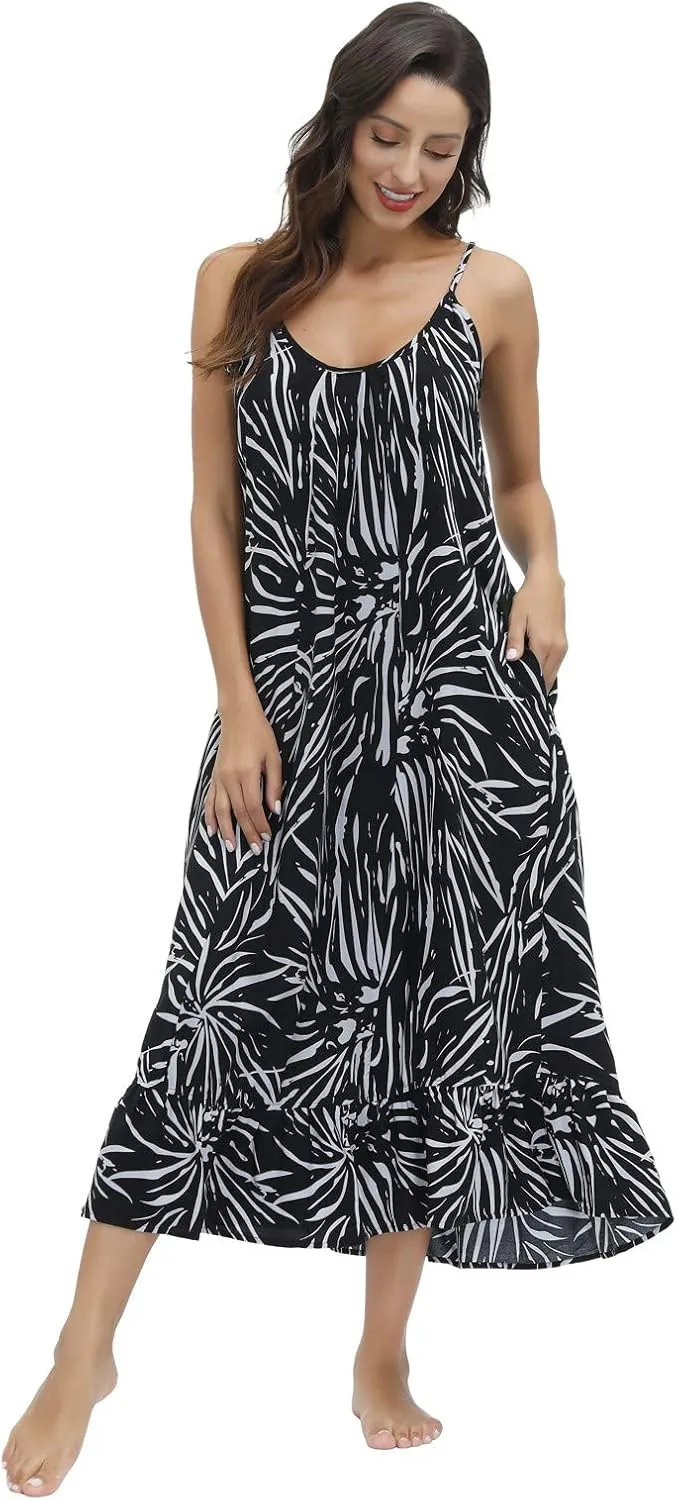 BUENOS NINOS Women's V Neck Floral Maxi Dress Boho Printed Adjustable Spaghetti Strap Ethnic Beach Long Dress with Pockets