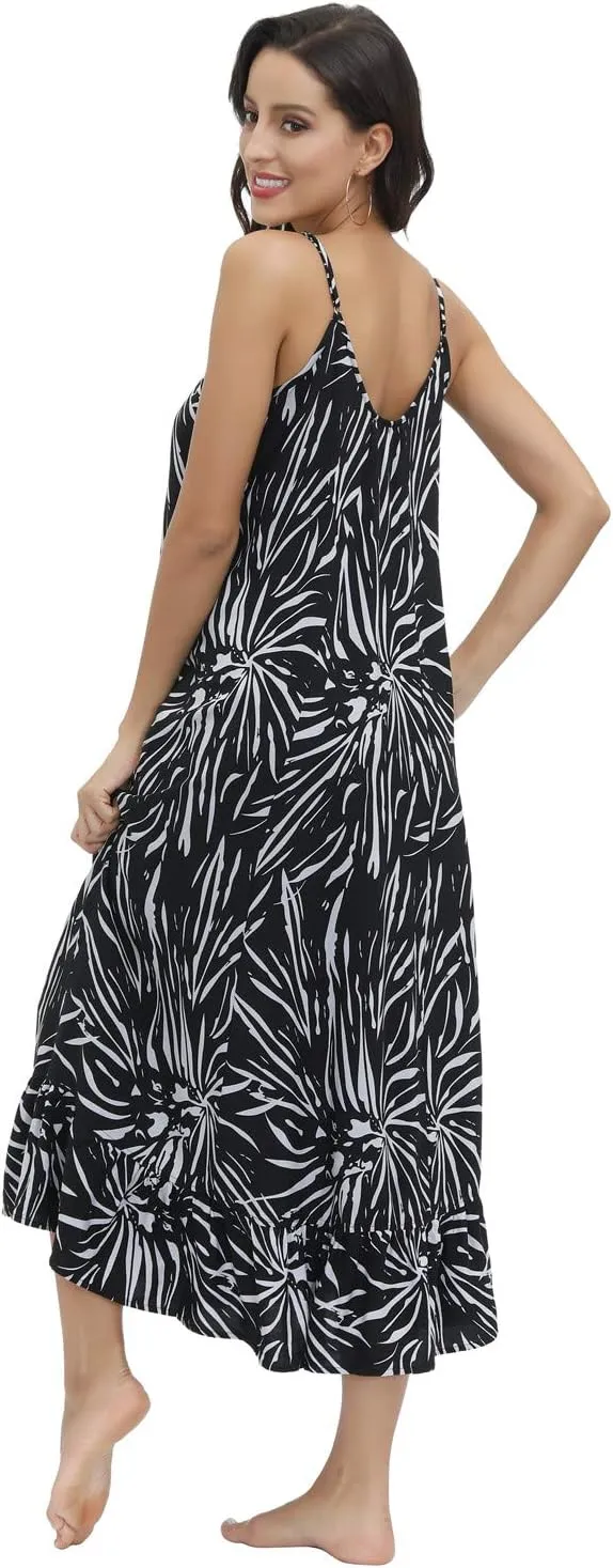 BUENOS NINOS Women's V Neck Floral Maxi Dress Boho Printed Adjustable Spaghetti Strap Ethnic Beach Long Dress with Pockets