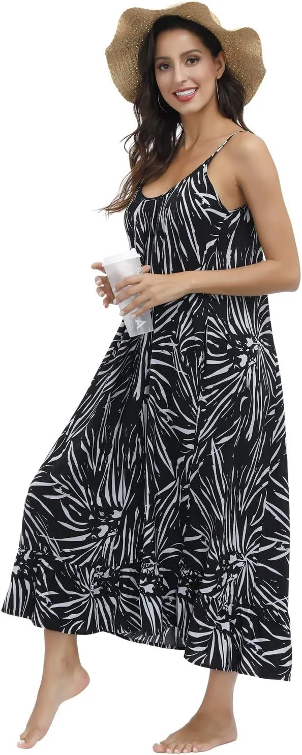 BUENOS NINOS Women's V Neck Floral Maxi Dress Boho Printed Adjustable Spaghetti Strap Ethnic Beach Long Dress with Pockets