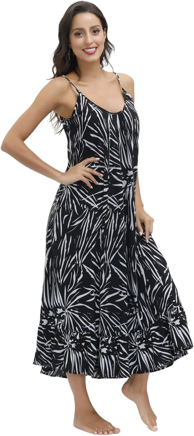 BUENOS NINOS Women's V Neck Floral Maxi Dress Boho Printed Adjustable Spaghetti Strap Ethnic Beach Long Dress with Pockets