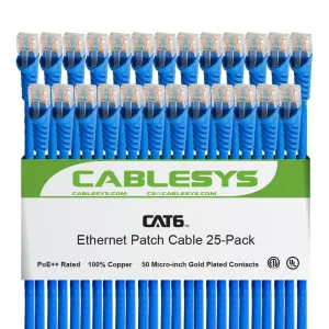 Cablesys Cat 6 Ethernet Patch Cord Snagless Boot, RJ45, Stranded, 550 MHz, UTP, Pure Bare Copper Wire, 24 AWG, LAN Network Patch Cable, Blue, 10 FT, 25-Pack