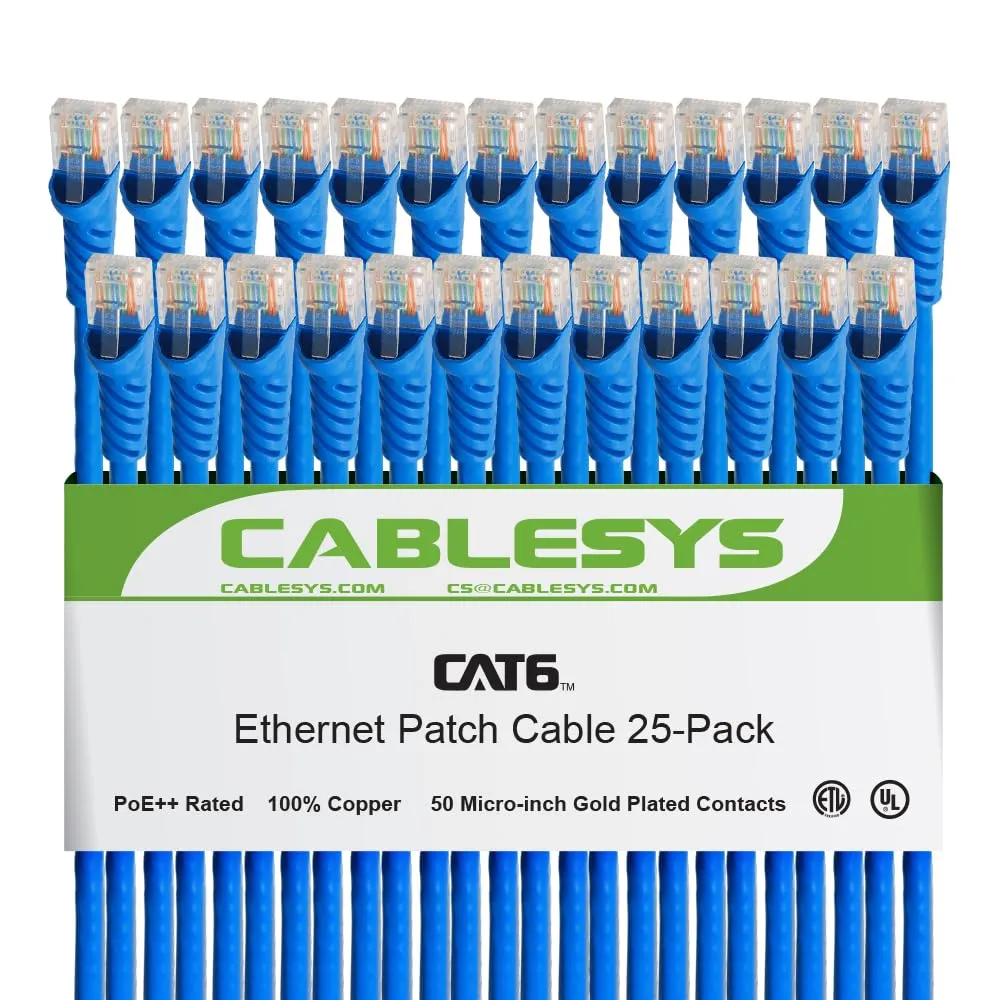 Cablesys Cat 6 Ethernet Patch Cord Snagless Boot, RJ45, Stranded, 550 MHz, UTP, Pure Bare Copper Wire, 24 AWG, LAN Network Patch Cable, Blue, 10 FT, 25-Pack