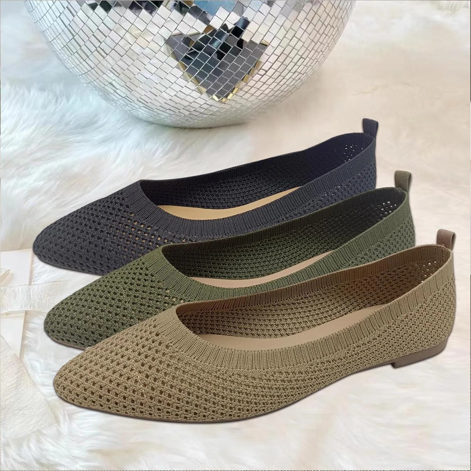 CasfelRen Women's Classic Ballet Flats, Pointed Toe Comfortable Dress Shoes Flats, Soft Knit Slip On Flats Shoes for Women