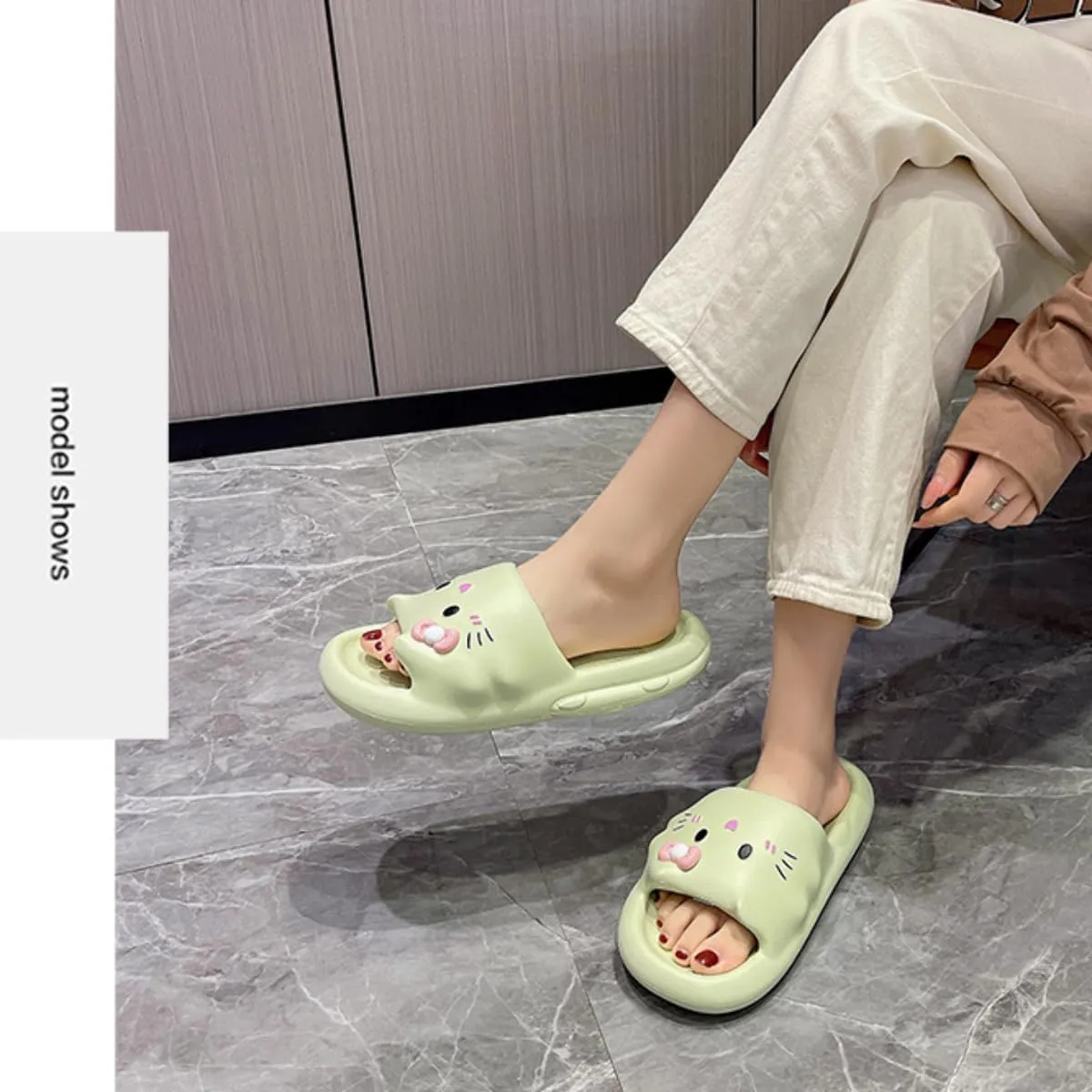Cat Slippers Women Cute Kitty Pillow Slides Thick Sole Kawaii Non Slip Quick Drying Preppy Shower Bathroom Sandals Outdoor
