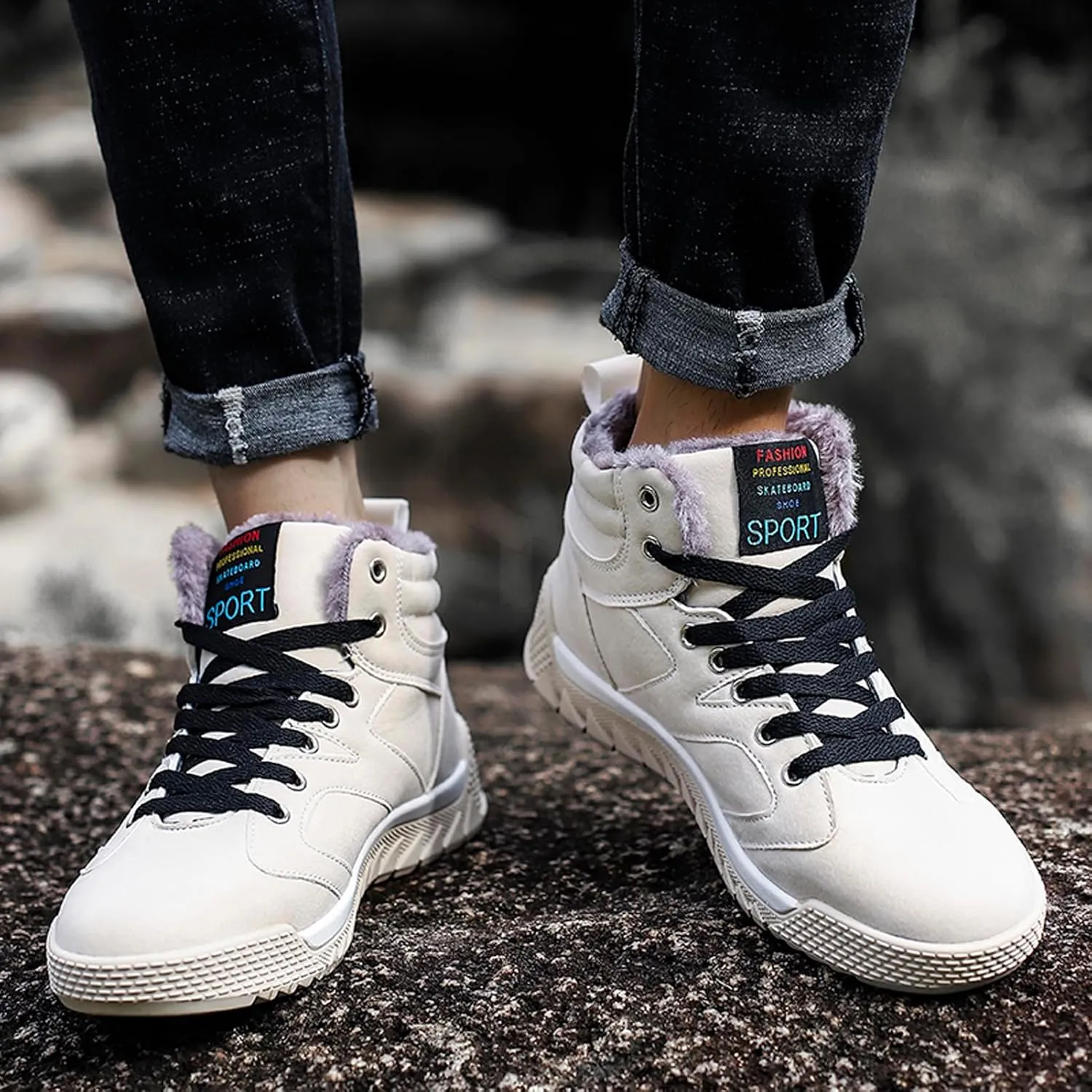 CERYTHRINA Men's Leather Snow Boots Waterproof Fur Lined Lace Up Ankle Sneakers High Top Winter Shoes
