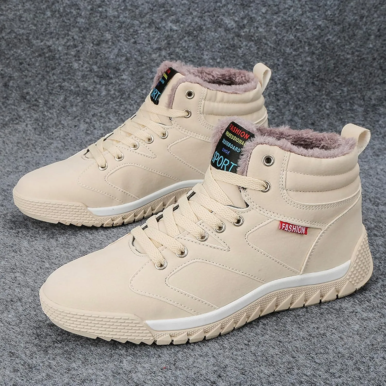 CERYTHRINA Men's Leather Snow Boots Waterproof Fur Lined Lace Up Ankle Sneakers High Top Winter Shoes