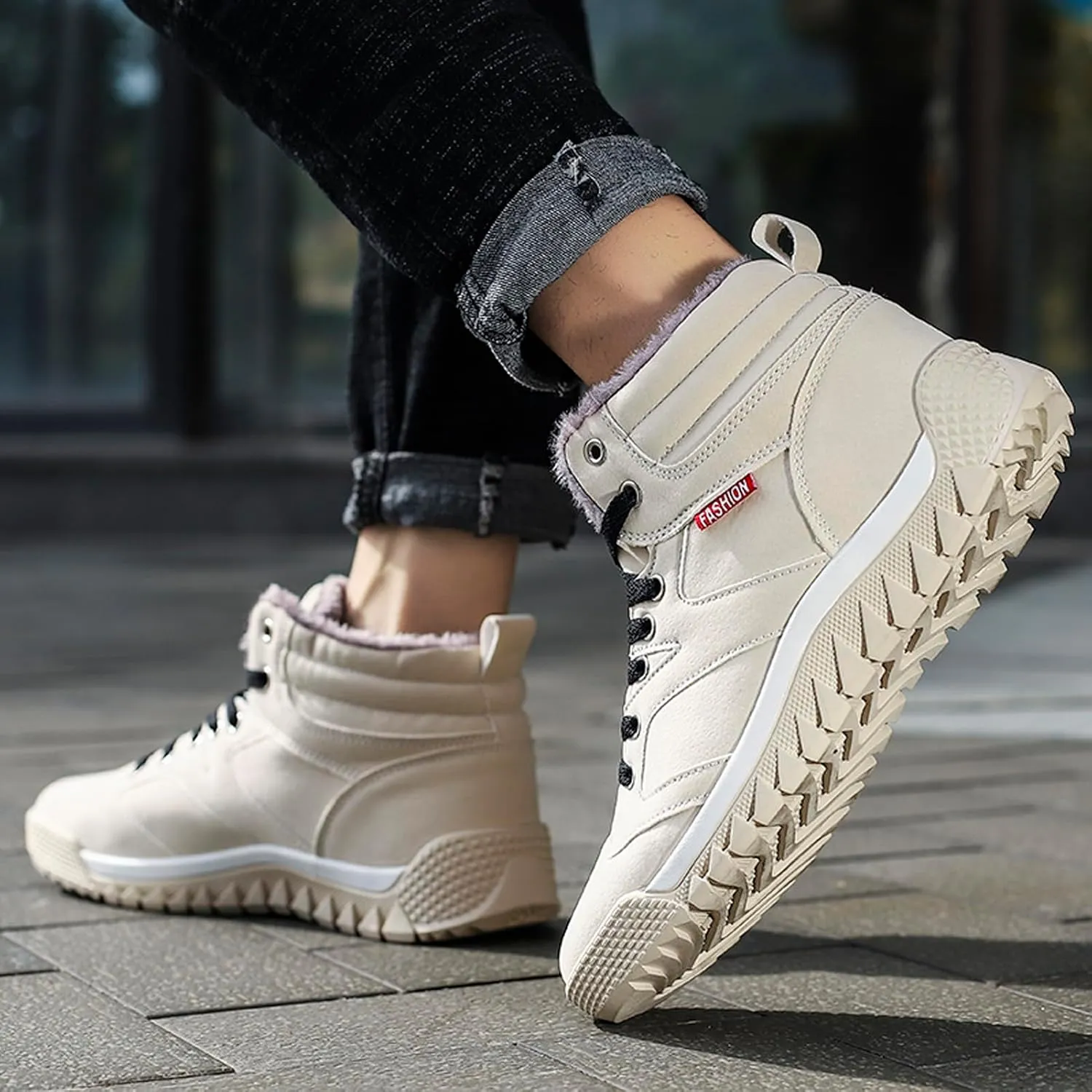 CERYTHRINA Men's Leather Snow Boots Waterproof Fur Lined Lace Up Ankle Sneakers High Top Winter Shoes