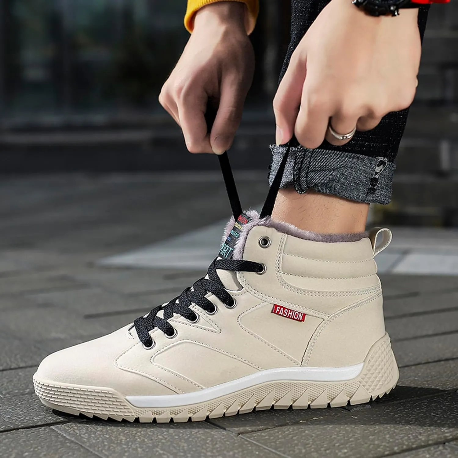 CERYTHRINA Men's Leather Snow Boots Waterproof Fur Lined Lace Up Ankle Sneakers High Top Winter Shoes