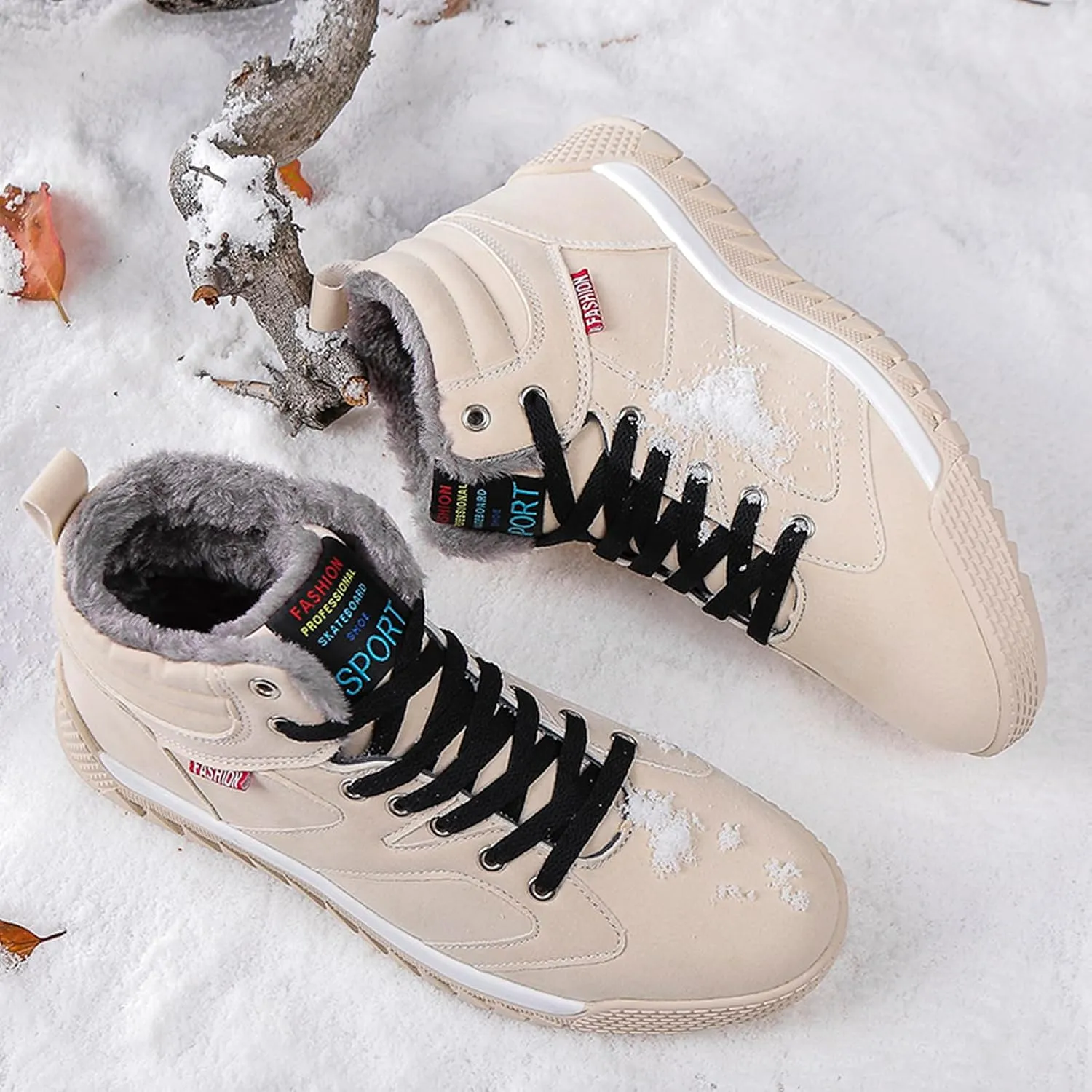 CERYTHRINA Men's Leather Snow Boots Waterproof Fur Lined Lace Up Ankle Sneakers High Top Winter Shoes