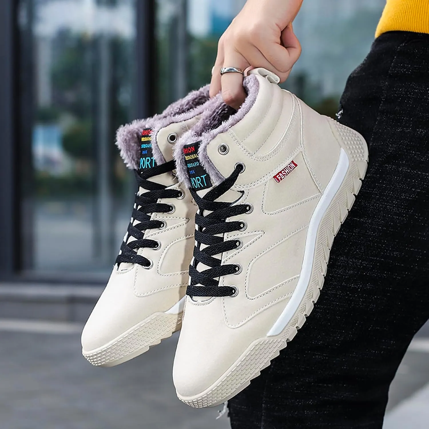 CERYTHRINA Men's Leather Snow Boots Waterproof Fur Lined Lace Up Ankle Sneakers High Top Winter Shoes