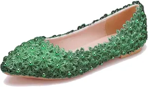 ChaiRong Zhou Women Beautiful Lace Ballet Flats with Pearl Flower Slip on Lightweight Breathable Flats Comfortable Pointed Toe Casual Dress Party Shoes