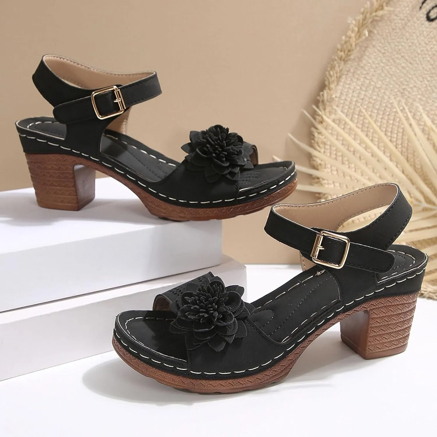 Chunky Heel Platforms for Women Arch Support Ankle Buckle Open Toe Flower Hollow Out Dress Party Wedding Sandals