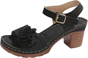 Chunky Heel Platforms for Women Arch Support Ankle Buckle Open Toe Flower Hollow Out Dress Party Wedding Sandals