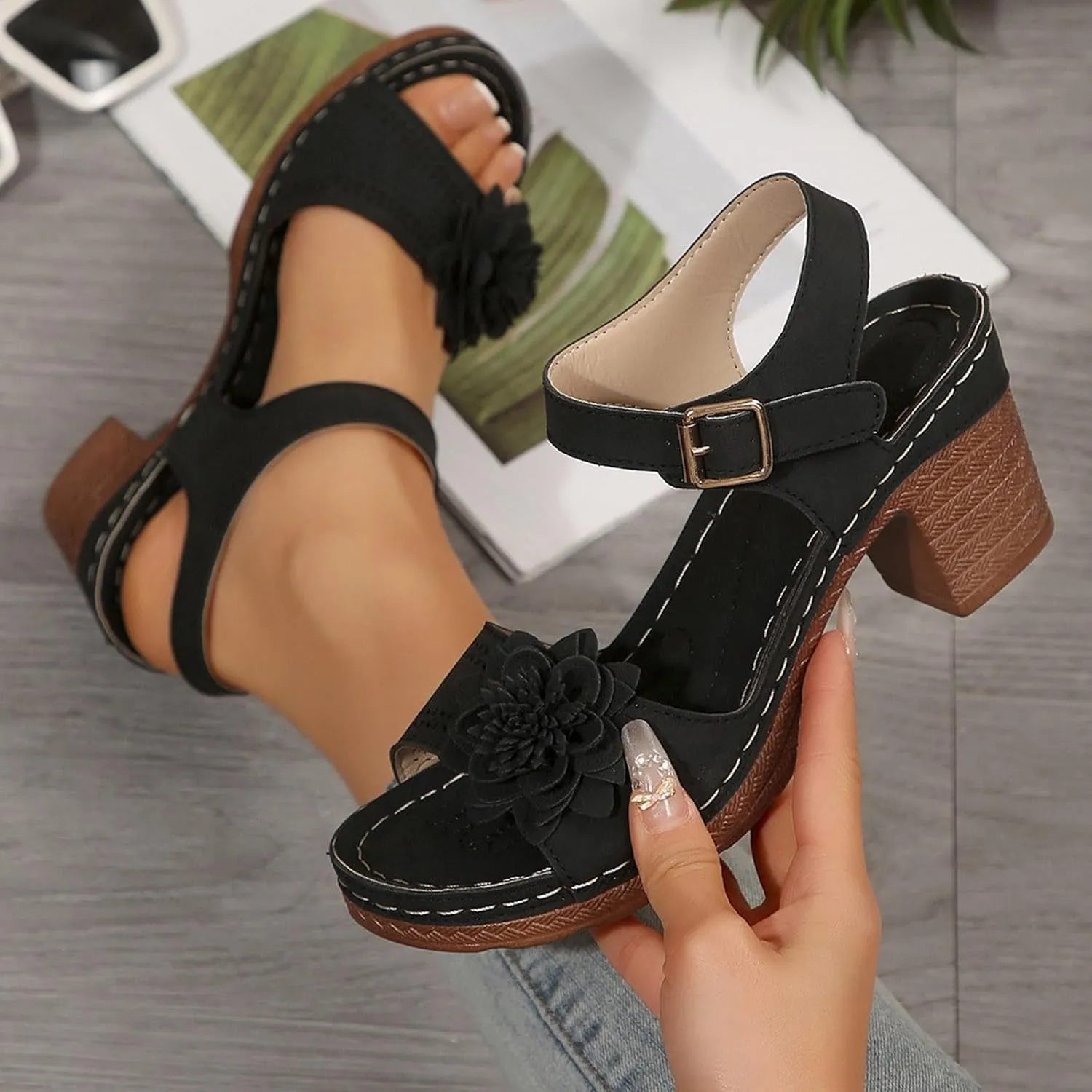 Chunky Heel Platforms for Women Arch Support Ankle Buckle Open Toe Flower Hollow Out Dress Party Wedding Sandals