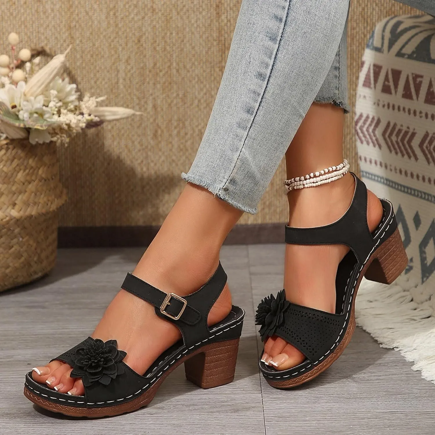 Chunky Heel Platforms for Women Arch Support Ankle Buckle Open Toe Flower Hollow Out Dress Party Wedding Sandals