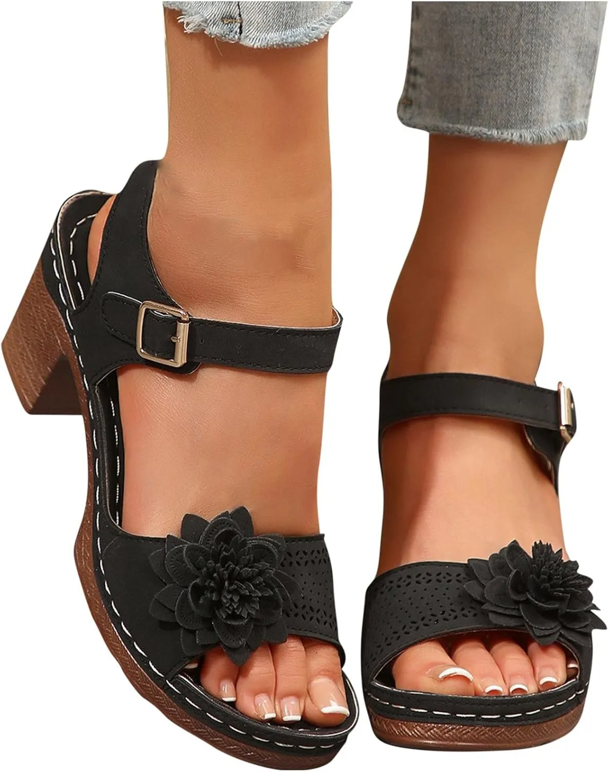 Chunky Heel Platforms for Women Arch Support Ankle Buckle Open Toe Flower Hollow Out Dress Party Wedding Sandals
