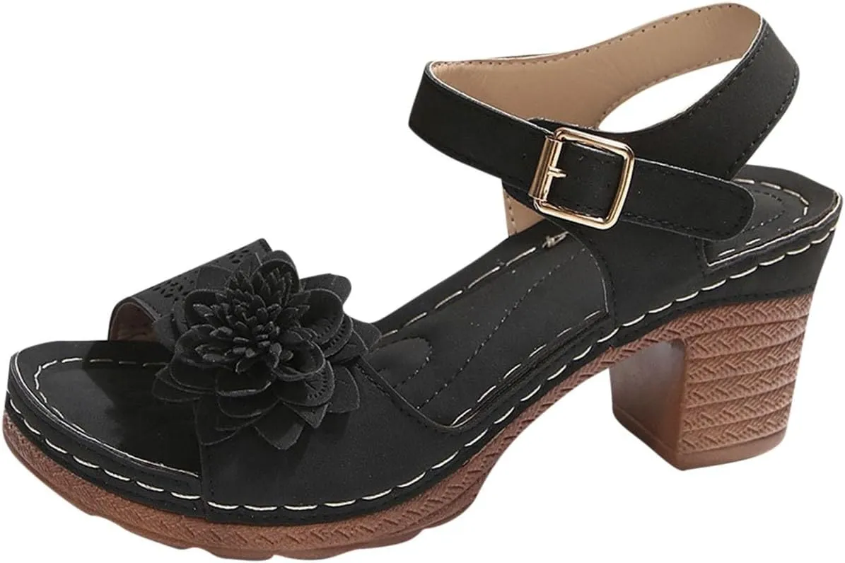 Chunky Heel Platforms for Women Arch Support Ankle Buckle Open Toe Flower Hollow Out Dress Party Wedding Sandals