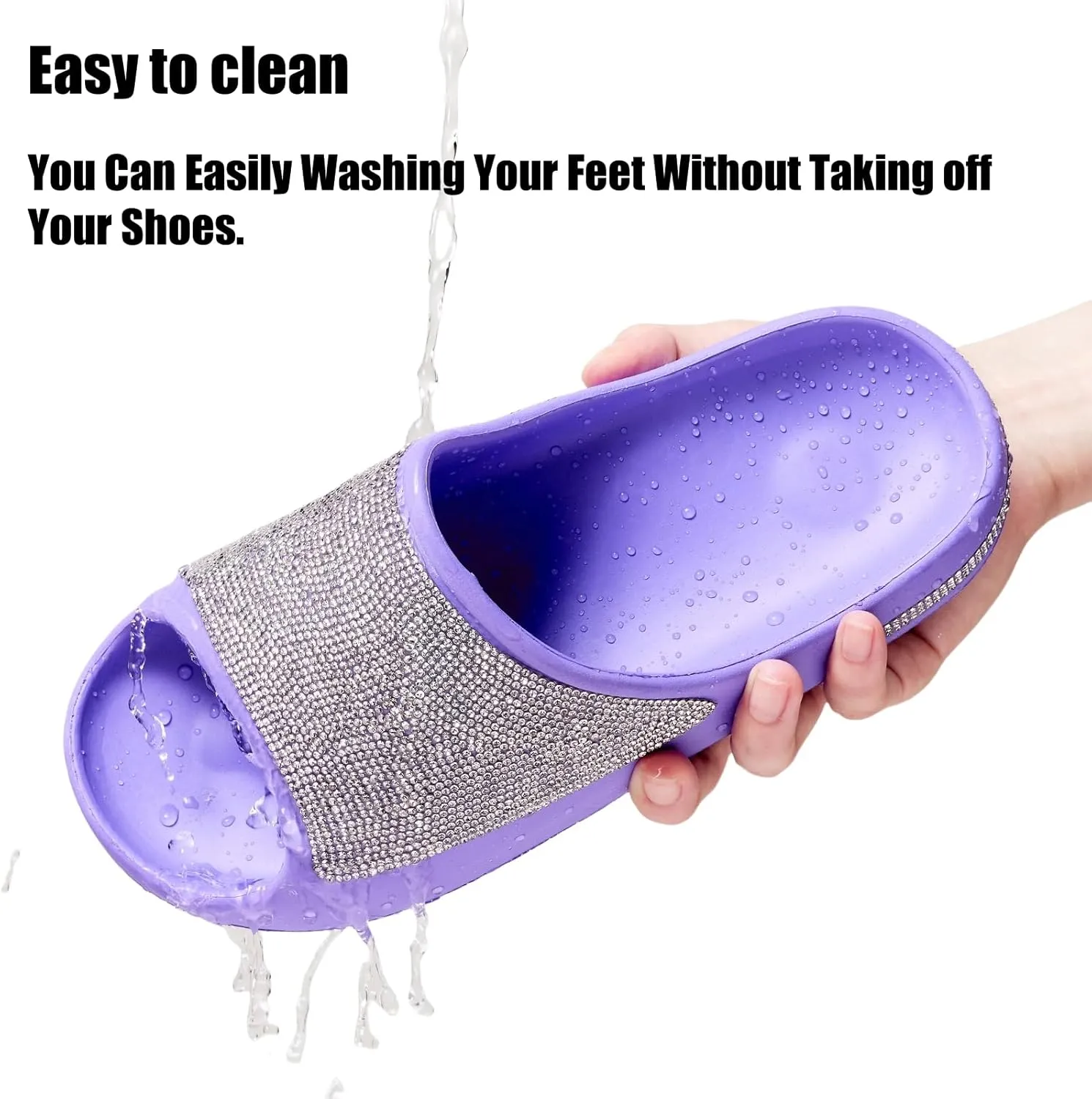 Cloud Slides for Women Thick Sole Sandals Quick Drying Shower Shoes EVA Non-Slip Rhinestone Slippers Glitter Crystal