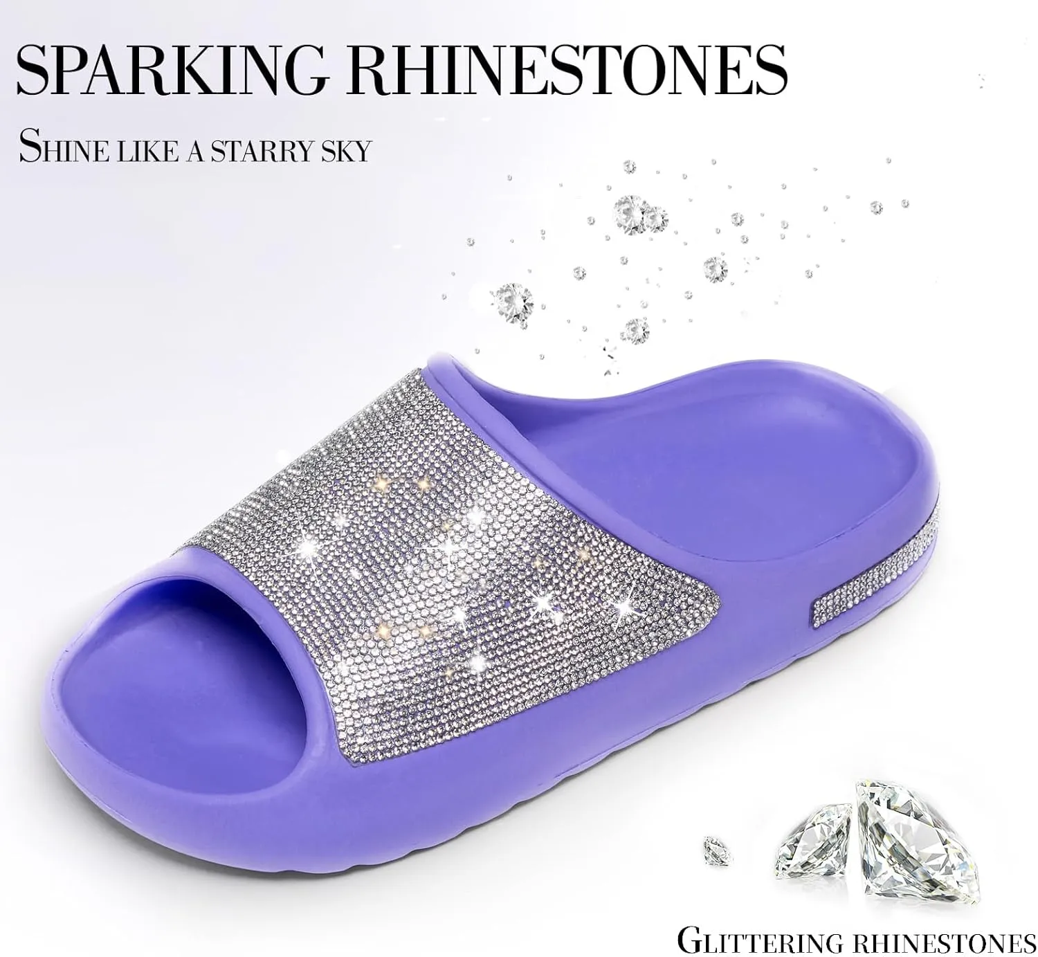 Cloud Slides for Women Thick Sole Sandals Quick Drying Shower Shoes EVA Non-Slip Rhinestone Slippers Glitter Crystal