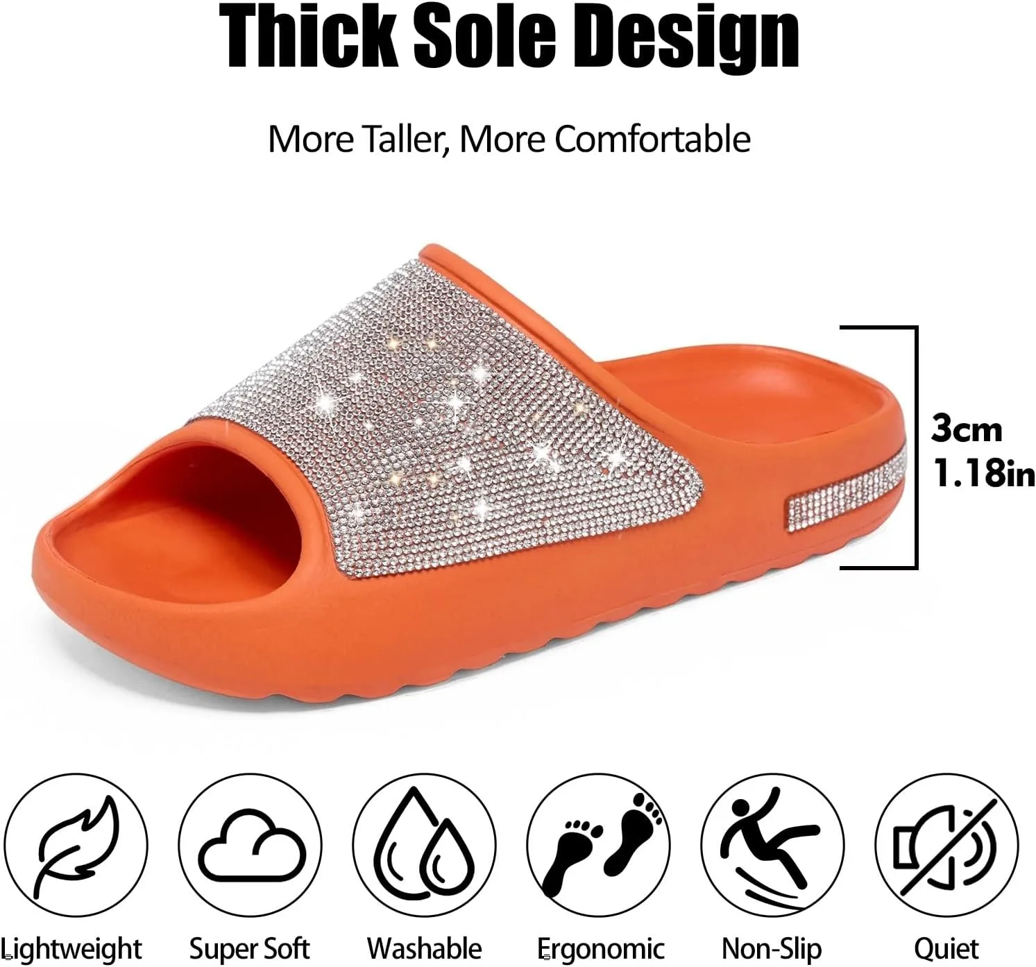 Cloud Slides for Women Thick Sole Sandals Quick Drying Shower Shoes EVA Non-Slip Rhinestone Slippers Glitter Crystal