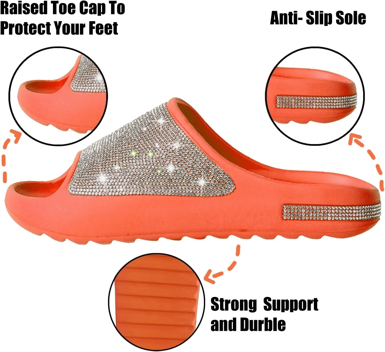 Cloud Slides for Women Thick Sole Sandals Quick Drying Shower Shoes EVA Non-Slip Rhinestone Slippers Glitter Crystal